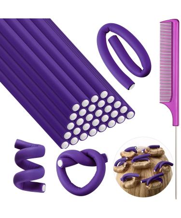 30 Pieces Flexible Curling Rods Twist Foam Hair Rollers Soft Foam No Heat Hair Rods Rollers and 1 Steel Pintail Comb Rat Tail Comb for Women Girls Long and Short Hair (7 x 0.3 Inch Purple) 7x0.3 Inch (Pack of 30) Purple