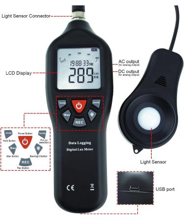 Digital Light Meter Lux Meter - Measurement Range 0-200,000 Lux - Detachable Sensor - Min/Max/Avg Functions - Data Record Function - CD Software & USB Power Cable - Buy Online on SooperMarket.com