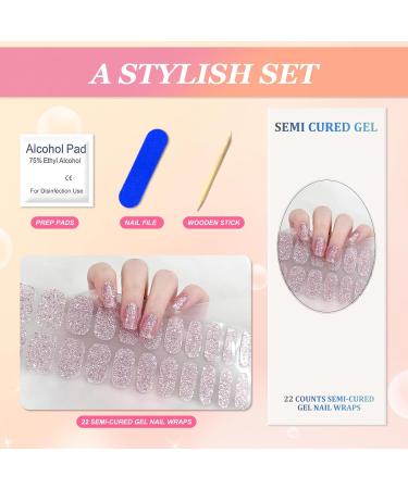 Semi Cured Gel Nail Wraps 22Pcs Pink Glitter Gel Nail Polish Strips Self-Adhesive Gel Nail Stickers Salon-Quality French Manicure Stickers with Soft Glossy Gel Finish Easy to Apply & Remove Sparkle Pink - Buy Online on SooperMarket.com