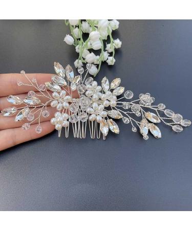 Prosy Bridal Wedding Flower Hair Comb Slide - Silver Crystal Hair Accessories & Rhinestone Headpiece for Women & Girls - Buy Online on SooperMarket.com