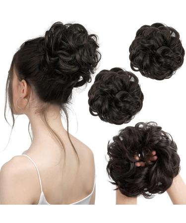 2PCS Messy Hair Buns Extensions Curly Wavy Hair Elastic Easy Scrunchies for Women Girls Large Synthetic Donut Updo Hair Pieces Hair Chignons natural black 2#