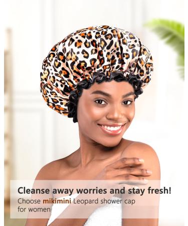 Mikimini Leopard Large Shower Hoods 2-Pack | Waterproof & Washable Shower Caps for Long Hair with Black Lace - XL Size for Women - Buy Online on SooperMarket.com