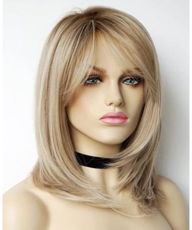 Sandy Bob Blonde Wig for White Women - Medium Length Synthetic Wig with Dark Roots - Buy Online on SooperMarket.com