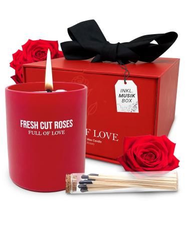 High quality gift box with matches |Handmade candle made of natural soy wax |Up to 60 hours of burning time |Perfect gift set with music box |Fragrance grade fresh cut roses