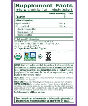 Organic Smooth Move Peppermint Laxative Tea - Caffeine Free, 16 Wrapped Bags - Buy Online on SooperMarket.com
