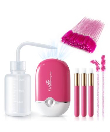 mlogiroa Lash Eyelash Fan Kit for Lash Extension Mini Portable Fans with 50 Lash Shampoo Brush 3 Nose Blackhead Facial Cleaning Brush 1 Plastic Wash Bottle (ROSE)