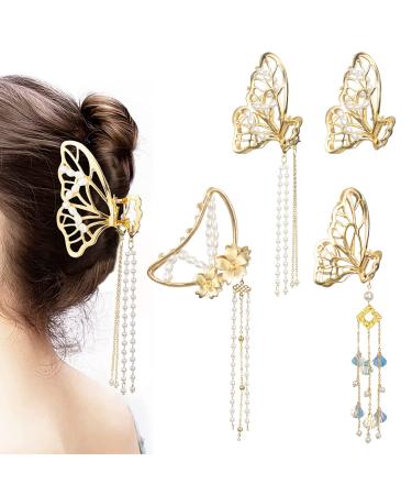 Metal hair clips 4 -pack gold -colored butterfly hair clips with fringes delicate women hair clips fashionable slipproof metal hair clips hair jewelry