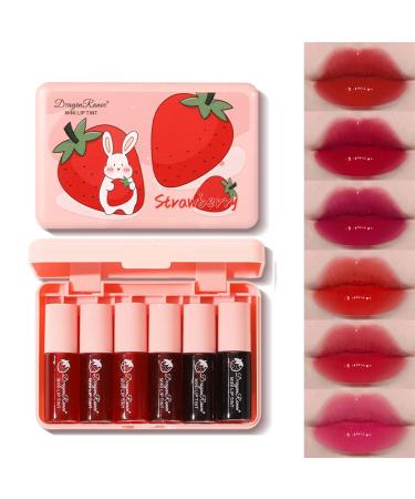 6 Colors Water Tint Lip Stain Set Plumping Mini Liquid Lipstick Moisturizing Lip Oil Tinted Lip Stain Long Lasting Non-Sticky Lip Plumping Set for Women Daily Lip Makeup