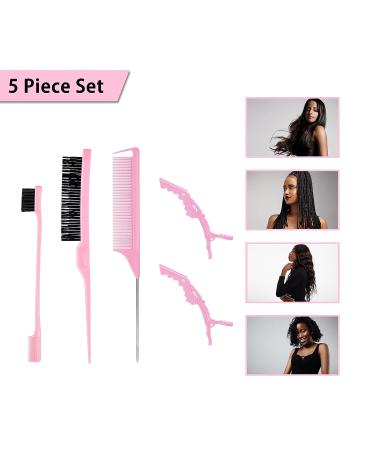Pink Hair Styling Comb Set - 5 Pieces for Edges Control, Teasing, Rat Tail Comb, and Alligator Clips - Women, Girls, Stylists Beauty Accessories - Buy Online on SooperMarket.com