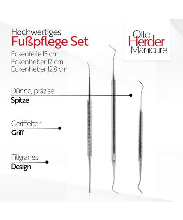 Otto Herder 3-Part Feusspflege Instruments Set - 2 Corner Lifters (17cm & 12.8cm) & Curved/Straight Corner File (15cm) for Optimal Foot Care - International Shipping Available - Buy Online on SooperMarket.com