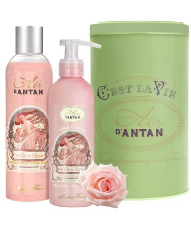 Un Air d'Antan Christmas Gift Set for Women- 2 Pieces Body Lotion & Body Wash Set- Birthday Gifts for Women- Gift Box Body Bath Set-Rose Peach & Patchouli Body Moisturizer (200ml) Shower Gel (250ml)