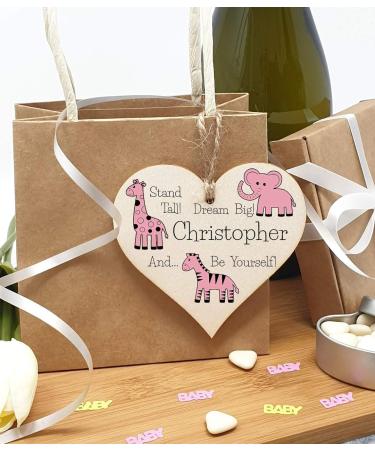 Personalized Plum Penguin Wooden Hanging Heart Plaque - Be Brave, Dream Big, Be Yourself | Pink Safari Animals Nursery Wall Decoration - New Baby Gift - Buy Online on SooperMarket.com