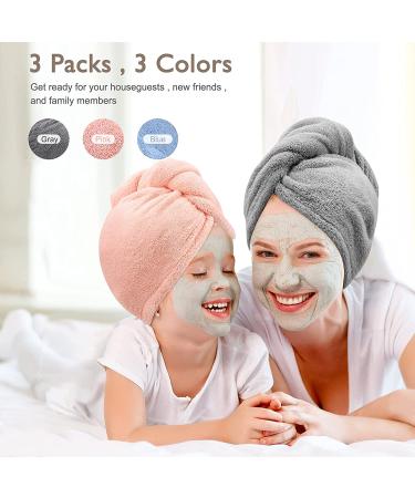 3 Pack Microfiber Hair Towel Wrap - Super Absorbent Fast Drying Caps for Curly, Long & Thick Hair | BEoffer Turbans in Gray, Pink & Blue - Buy Online on SooperMarket.com