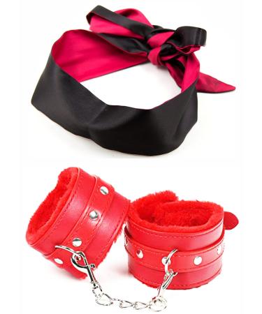 Red Adjustable Fluffy Handcuffs - Satin Eye Blindfold Mask - Eye Satin Mask - Faux Leather Fluffy Handcuffs