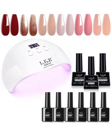 Gel Nail Polish Kit LKE Gel Nail Polish Starter Kit with 72W UV Lamps for Gel Nails 6 Colors of Classic Red Gel Nail Polish with Glossy & Matte Top and Base Coat Manicure DIY Gifts Set for Women