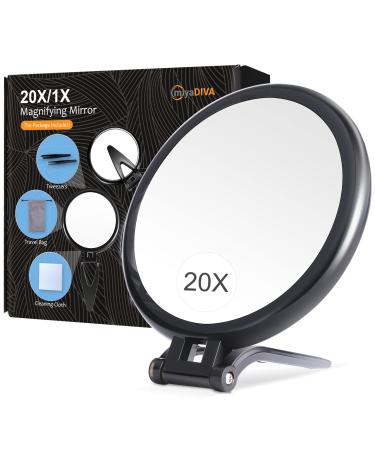 MIYADIVA 6 Inch 20X Magnifying Mirror, Hand Mirrors with Handle, Portable Travel Mirror for Women, Foldable, Handheld, Double Sided, Black