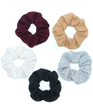 Scrunchies Hair Ties Soft Knitted Hair Bands Hair Scrunchie Holder Ponytail Scrunchy Hair Elastic for Women Ladies Cotton Scrunchy Medium Hair Accessories Black/White/Grey/Beige/Red (Soft Knitted Scrunchies Dark Colors)