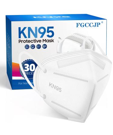 KN95 Face Mask 30pcs Disposable Face Masks Individual Packed Safety 5 Layers Breathable Cup Dust Masks Filtration>95% for Adults Men Women(White)