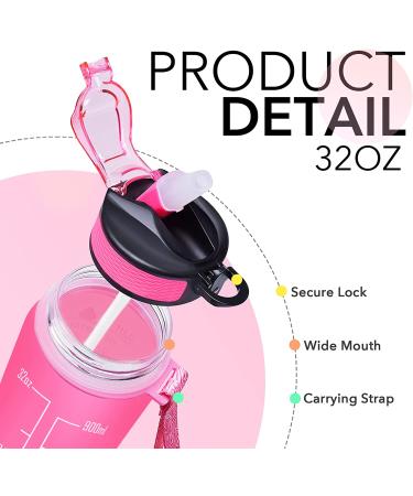 Hyeta 32oz Motivational Water Bottle with Time Marker & Straw - Pink-Green | Leakproof BPA-Free Sports Bottle for Fitness, Gym & Outdoor - Buy Online on SooperMarket.com