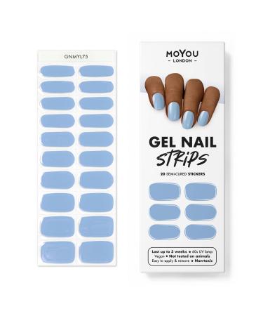 MOYOU LONDON Semi Cured Gel Nail Wraps 20 Pcs Gel Nail Polish Strips for Salon-Quality Manicure Set with Nail File & Wooden Cuticle Stick (UV/LED Lamp Required) - Baby Blue