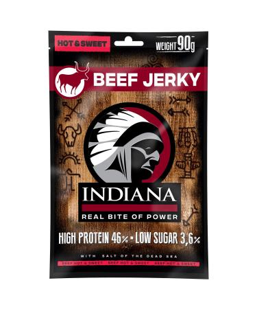 Indiana Beef Jerky - High Protein Dried Meat Snack | No Added Sugar Hot & Sweet Salami Flavor (18g 10 x 90g) - Shop Internationally - Buy Online on SooperMarket.com