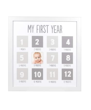 Pearhead My First Year Photo Moments Baby Keepsake Picture Frame, Babys First Year Photo Frame, Mothers Day Accessory, Gender-Neutral Baby Milestone Nursery Dcor, White and Gray