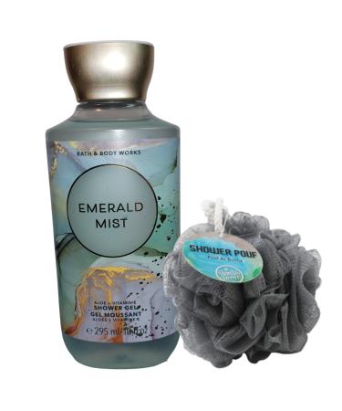 Shower Bathing Gift Set Bundle with 10 ounce Bath and Body Works Shower Gel Soap & Loofah Pouf Sponge - Gift Birthday Mother's Day (Emerald Mist)