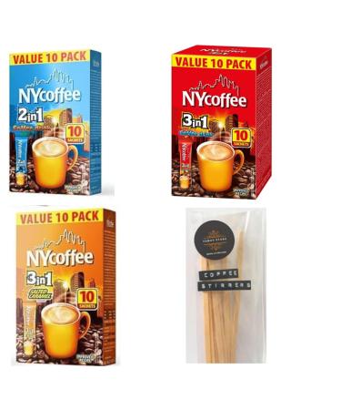 NYCoffee 3 in 1 sachets & NYCoffee 2 in 1|3 Flavours Instant Coffee- Salted Caramel White Coffee With Sugar & White Coffee Bundled with Temas Store Coffee Stirrers |30 Sachets| Add Hot Water & Stir