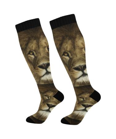 Haskirky High Elasticity Compression Socks High Knee Socks Adult Universal Leisure Relieve Fatigue Natural Portrait Lion Travel Daily with Running (2 Pair)