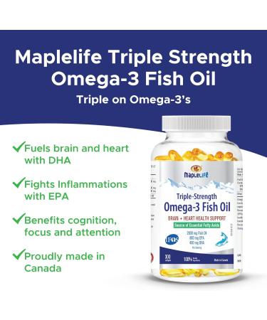 MapleLife - Triple-Strength - Omega-3 Fish Oil - Brain + Heart Health - Essential Fatty Acids - DHA EPA - Fish Oil Softgel 2000 Mg - 300 softgels - Buy Online on SooperMarket.com