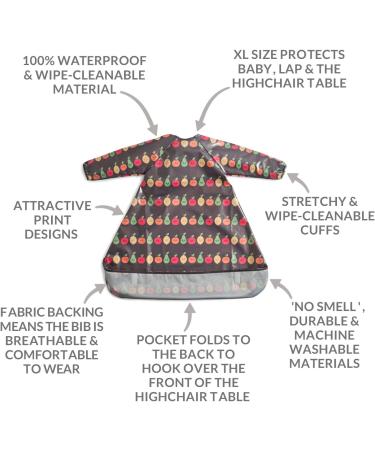 Bibetta Wipeezee Premium Baby Weaning Bibs with Sleeves | Waterproof Coverall Bib for Baby Toddler | Eco-Friendly & Durable | Grey Happy Fruits Design - Buy Online on SooperMarket.com