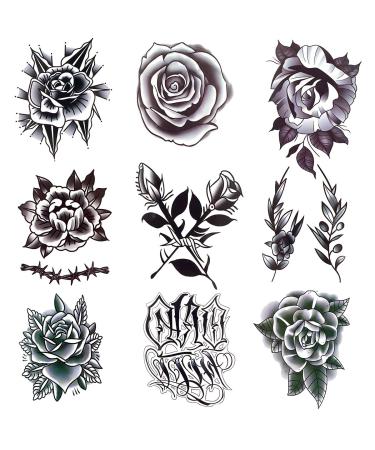 Oottati Waterproof 9 Sheets Back of Hand Fake Temporary Tattoo Stickers - Black Gothic Flower Rose