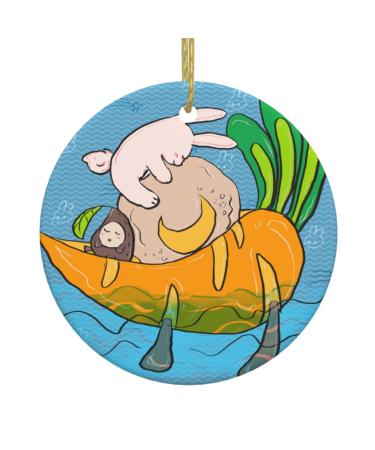 YYHHAOFA Sunflower Seeds and Rabbits Pattern Christmas Ceramic Round Pendant Decoration - Festive Hanging Ornament for Stores and Homes -2.9 in