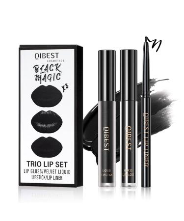 3 in 1 Black Lip Liner Pencil and Lipstick lipgloss Set Matte Black Lipstick Lip Gloss Kit Long-lasting Nonstick Cup Smudge Proof Lip Kits with Lip Liner Velvet Goth Makeup (12#Black Magic)