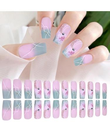 Acrylic Press On Nails False Nails Square Fake Nails with Glue Reusable Cute Press On Nails Gradient Flower Fake Nails with Designs Full Cover Medium Coffin - Buy Online on SooperMarket.com