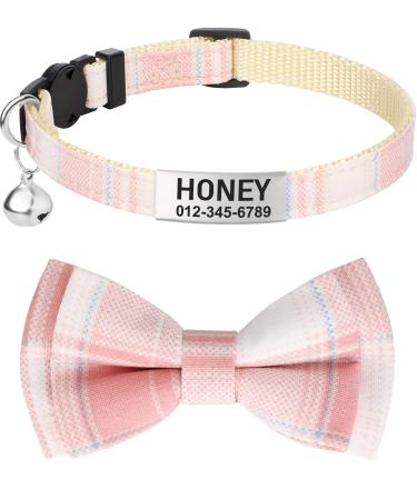 Tagme cats collars with names and telephone number kitten neck band with safety closure and bell plaid baby pink 1 Pack plaid baby pink