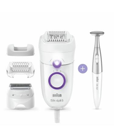 Braun Silk- pil 5 Power Epilator For Hair Removal with Electric Shaver Head & Bikini Trimmer Corded Epilator with 28 Tweezers Gifts for Women 5-825 White/Purple SE 5-825
