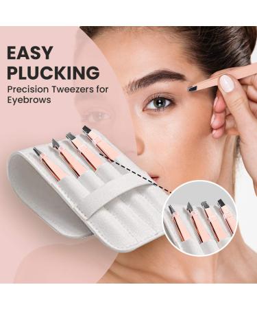 EXCLAIM BEAUTY 4-Piece Stainless Steel Precision Tweezers Set for Men & Women - Eyebrow, Splinter, and Ingrown Hair Removal - Includes Leather Case - Rose Gold - Buy Online on SooperMarket.com