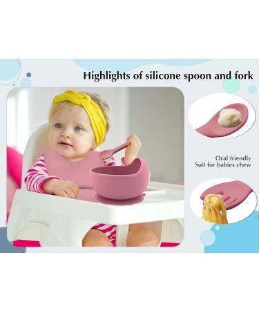 Hoseay Baby Weaning Set - 5 Pcs Silicone Feeding Set with Suction Bowl, Plate, Fork, Spoon, Bib - Baby Led Weaning Supplies for Kids/Toddlers in Pink - Buy Online on SooperMarket.com