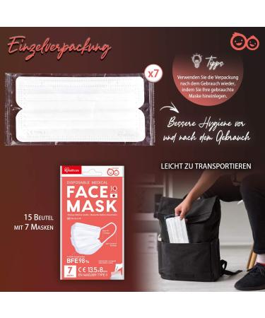Iris Ohyama 105 Surgical Disposable Masks - 3-Layer BFE 98% - Size S - Individual Packaging - Irritation-Free Rubber Band - White - 15 Sets of 7 Pieces - Buy Online on SooperMarket.com