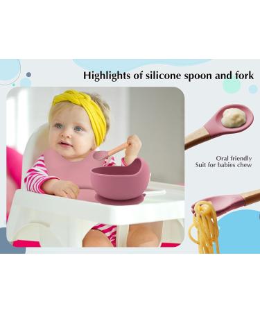 Hoseay Baby Weaning Set 5 in 1 | Silicone Suction Plate, Bowl, Spoon, Fork, Bibs | Pink Squirrel Design | Toddler Feeding Essentials - Buy Online on SooperMarket.com