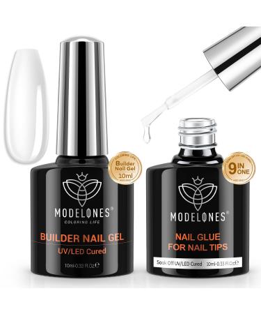 modelones 9 in One Nail Glue Base Coat & Builder Nail Gel Set 2pcs Gel Nail Kit for Nail Tips Nail Thickening Apex Building Nail Extension Rhinestone Gel Nail Glue Lamp Cured 10ml A2-Gel x Nail Glue with Gel Builder