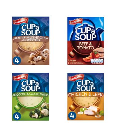 Cuppa Soup Variety Bundle - 4 Delicious Flavours - with Batchelors Cup a Soup Beef & Tomato Chicken & Leek Broccoli & Cauliflower and Mushroom - 16 Sachets in Total - Ready in Minutes