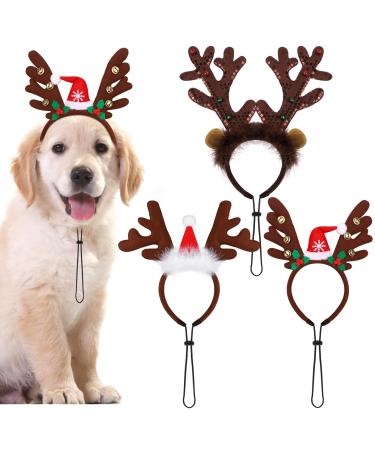 Pedgot 3 Pack Christmas Pet Headwear Xmas Hair Loop Brown Reindeer Antlers Headband Christmas Pet Costume Hair Accessory for Dogs