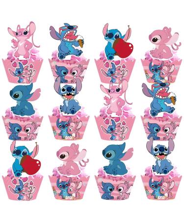 Pink Stitch Cake Cupcake and Wrappers Paper Wraps Decoration Supplies Stitch Cupcake Topper for Kids Birthday Party (Pink)