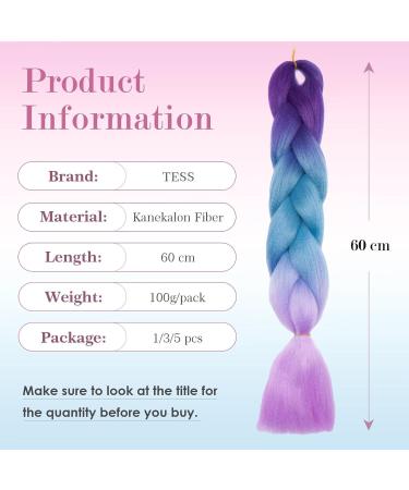 Tess Braids Extensions - 60 cm Jumbo Kanekalon Hair Braids (5 Pack) | Ombre Purple/Blue/Light Purple - Perfect for Box Braids | 100g/Bundle - Buy Online on SooperMarket.com