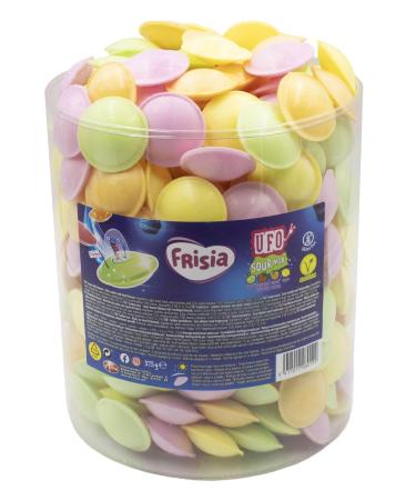 Frisia UFO Sour Mix - Flying Saucers Candy 375g Jar - Apple Strawberry Orange Lemon Flavors - Gluten-Free & Vegan Treat Sold by Swiss+