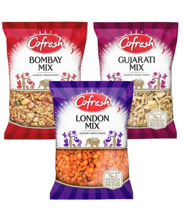 Snack Bundle With Cofresh Bombay Mix 325g Gujarati Lentil & Peanut Mix 235g and London Mix Noodles Lentils Peanut & Spice 325g (3 Pack)