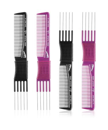 4 Pieces Carbon Lift Teasing Combs with Metal Prong Lift Teasing Comb and Hair Pick Salon Teasing Lifting Fluffing Comb with 5 Stainless Steel Pins for Women Most Hair Types (Artsy Style, Black and Purple) 4 Count (Pack of…