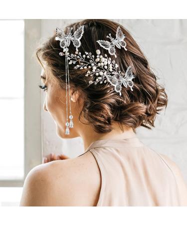 WLLHYF 4Pcs Silver Butterfly Hair Clips with Tassel - Elegant Hair Barrettes for Women, Perfect for Bride Wedding - Head Pieces Hair Accessories - Buy Online on SooperMarket.com